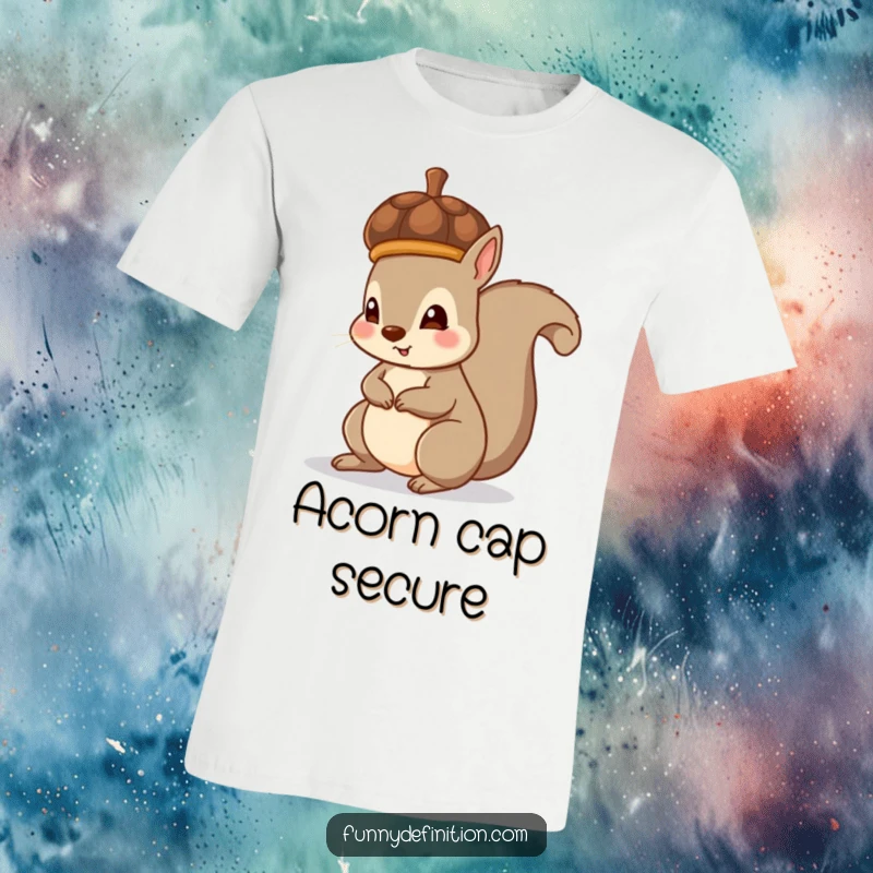Funny t-shirt with a squirrel looking pleased with its accidental acorn hat, a symbol of cute woodland fashion.