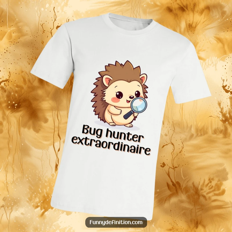 Funny t-shirt depicting a happy hedgehog intently examining code with a magnifying glass, illustrating a funny take on bug hunting.