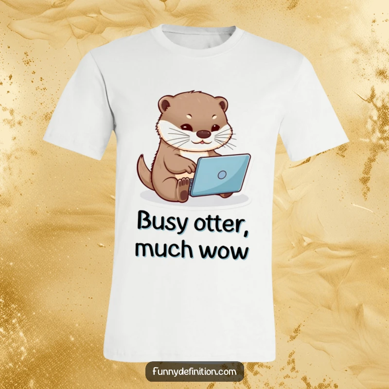 Funny otter working diligently on a small laptop, printed on a soft t-shirt, excellent for techies and animal fans, funny gift shirt.