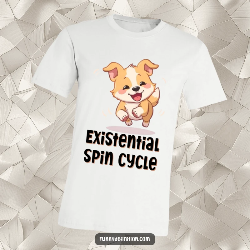 Funny dizzy dog t-shirt graphic of a dog comically spinning in a blur chasing its tail, representing boundless, humorous energy.