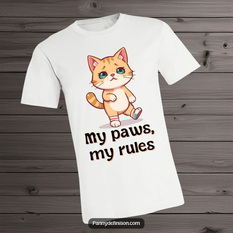 Funny t-shirt depicting a confused cat comically trying to walk in mismatched socks, capturing a moment of adorable feline absurdity.