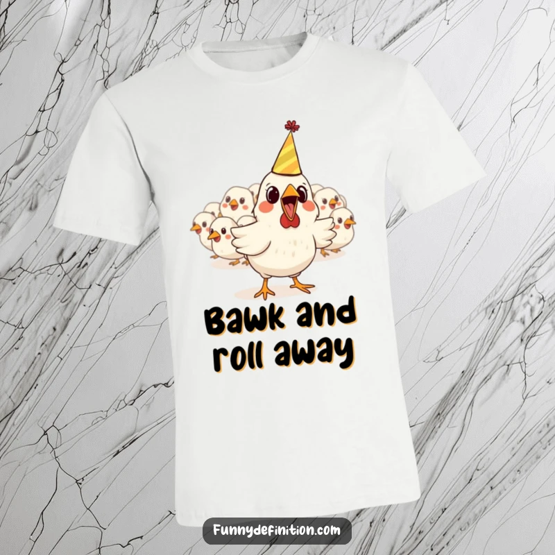 Funny t-shirt depicting a wide-eyed chicken in a small party hat making a quick getaway from its flock, radiating comedic urgency.
