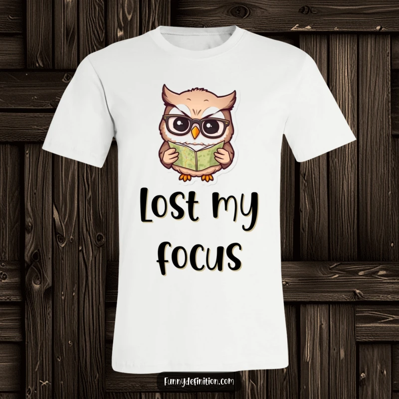 Funny t-shirt with a confused owl wearing glasses, squinting at a minuscule map, looking utterly perplexed.
