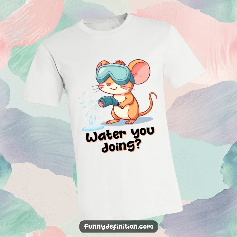 Funny t-shirt illustration of a mouse wearing oversized goggles, spraying water wildly from a hose in a comical, accidental deluge.