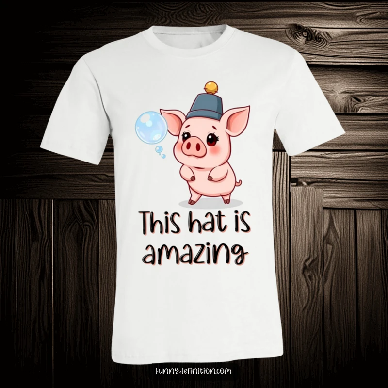Funny pig t-shirt featuring a pig in a silly, oversized hat, looking shocked and surprised by a floating bubble.