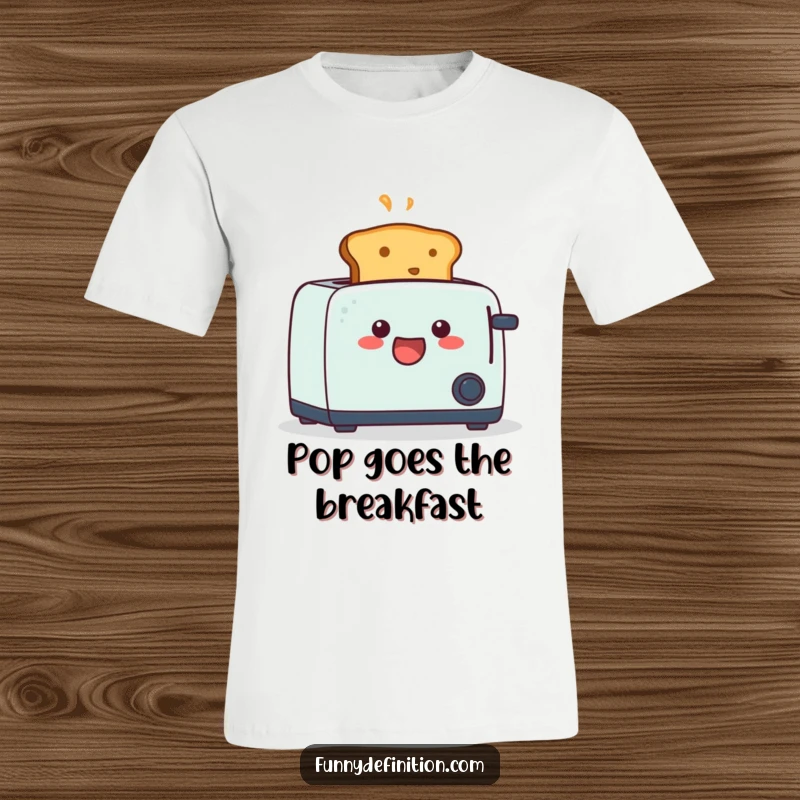 Funny t-shirt design of a piece of toast leaping out of a toaster, mouth agape in a comical expression of surprise.