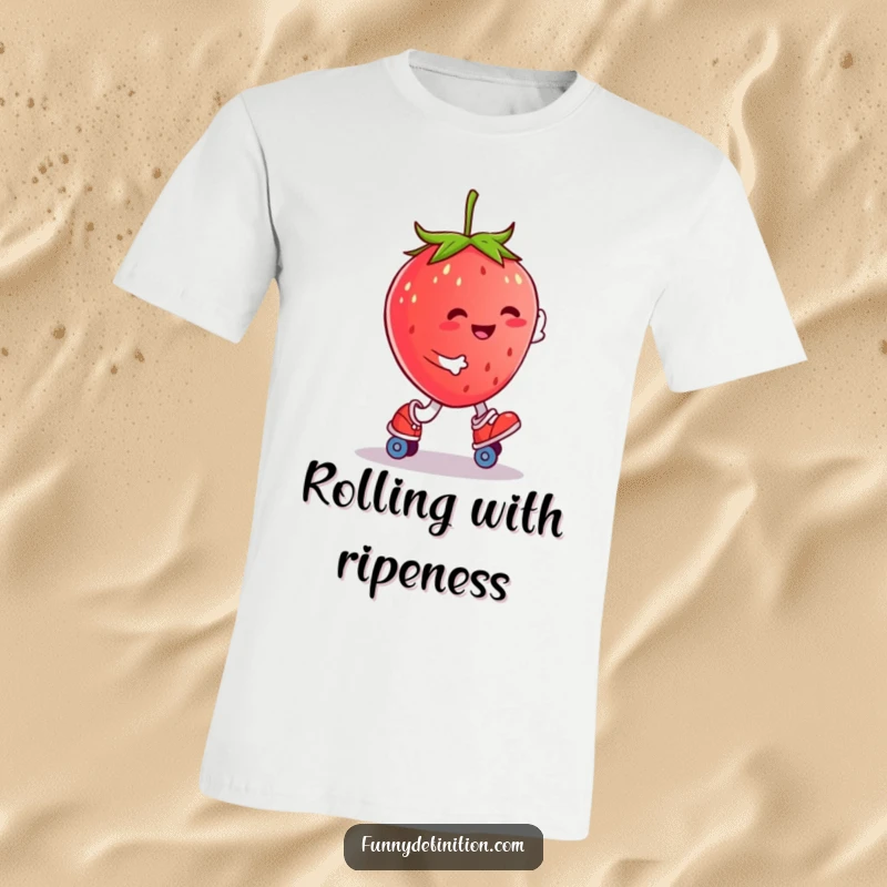 Funny smiling strawberry character attempting to roller skate on a humorous t-shirt.