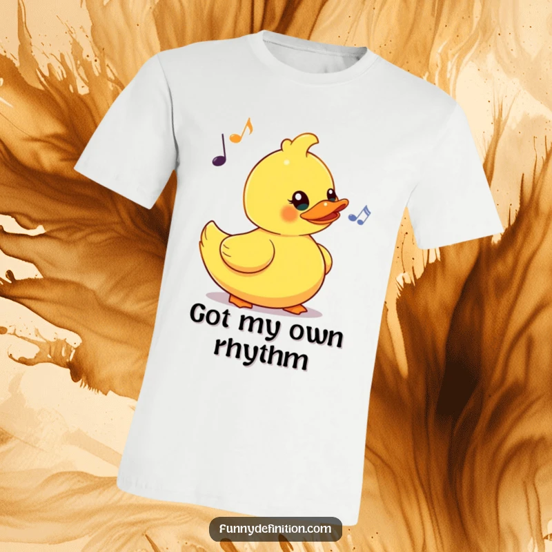 Funny t-shirt featuring a yellow rubber duck comically bobbing its head to an imaginary beat, capturing a moment of pure, rhythmic, bath-time bliss.