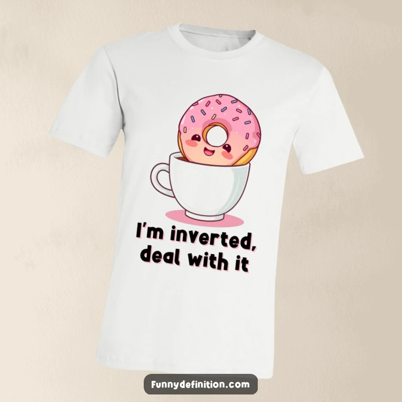 Funny T-shirt print of a giggling donut with sprinkles, happily floating upside down in a coffee cup.