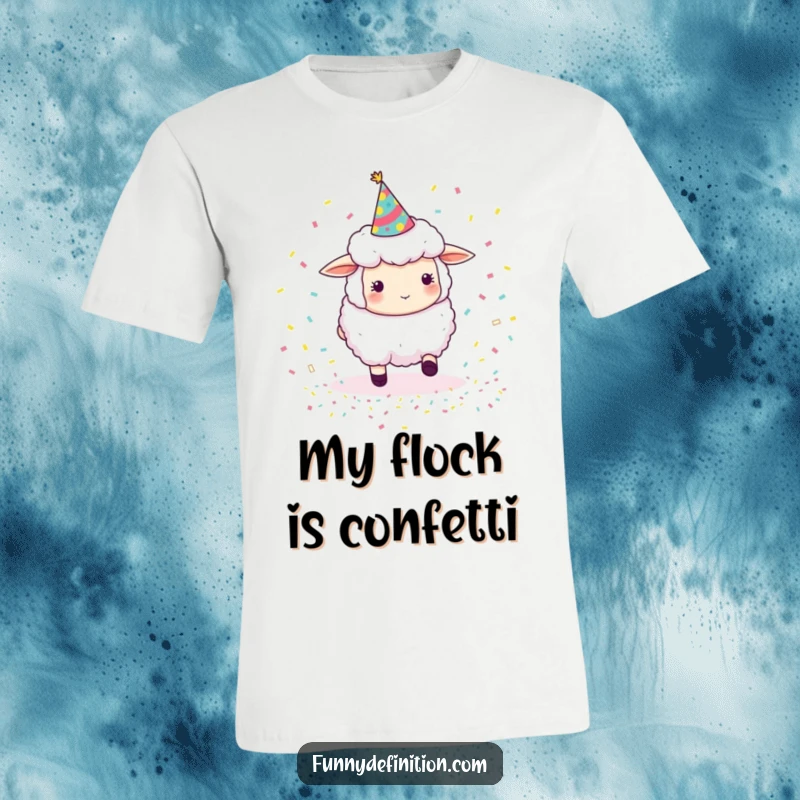 Funny sheep in a party hat, trying to herd bouncing confetti, a whimsical and humorous t-shirt design for ultimate fun.
