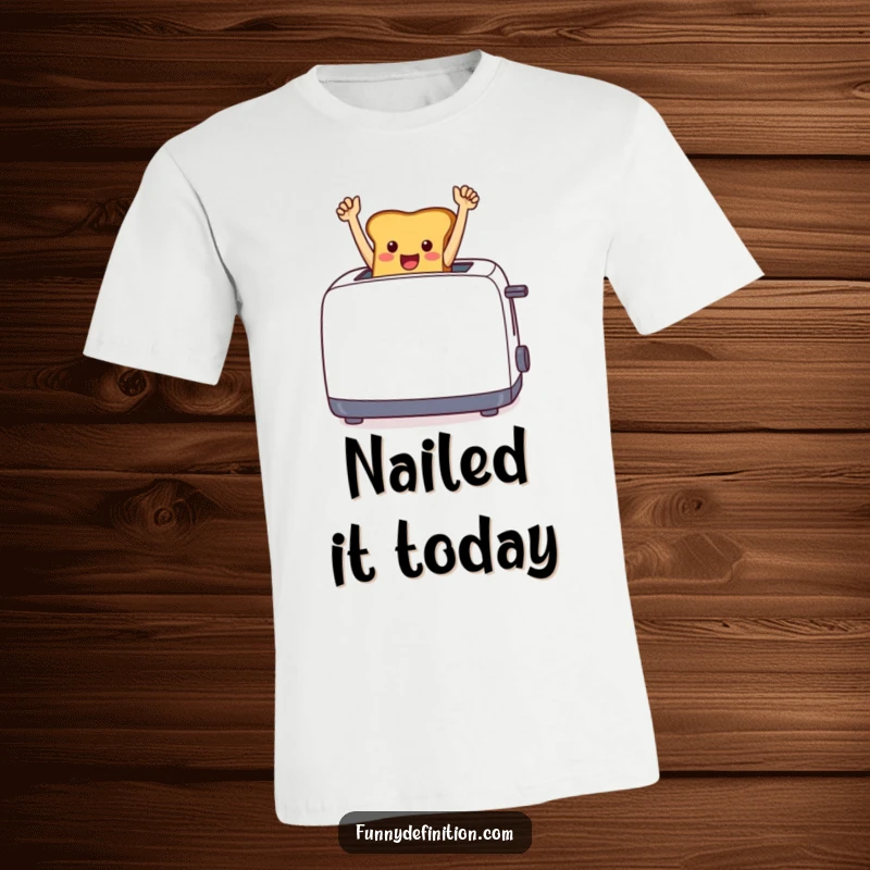 Funny cheerful toast leaping from a toaster, arms raised in a triumphant pose, on a graphic t-shirt.