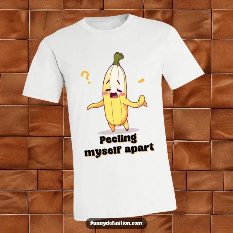 Funny t-shirt with a bewildered banana in the act of peeling itself, expressing comical confusion.