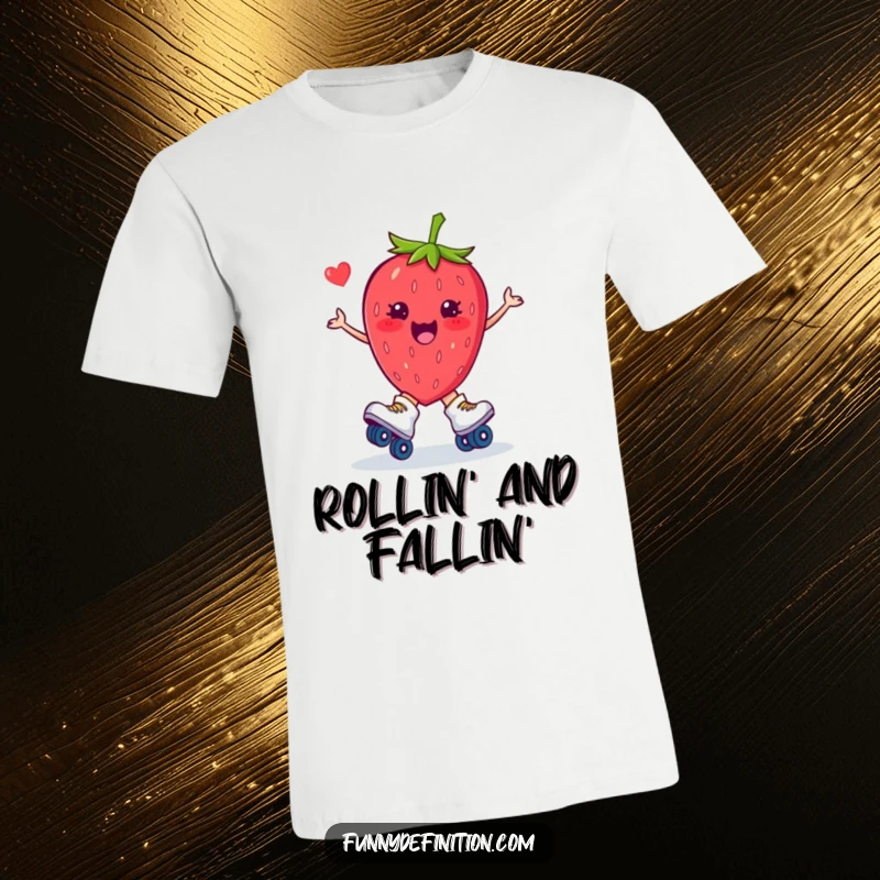 Funny t-shirt showcasing a plump strawberry in roller skates, hilariously losing balance and tumbling with a comical expression.