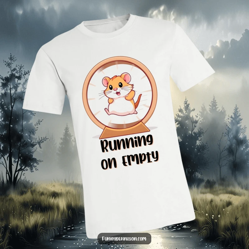 Funny hamster seen as a blur, running at top speed inside a comically large hamster wheel on a t-shirt.