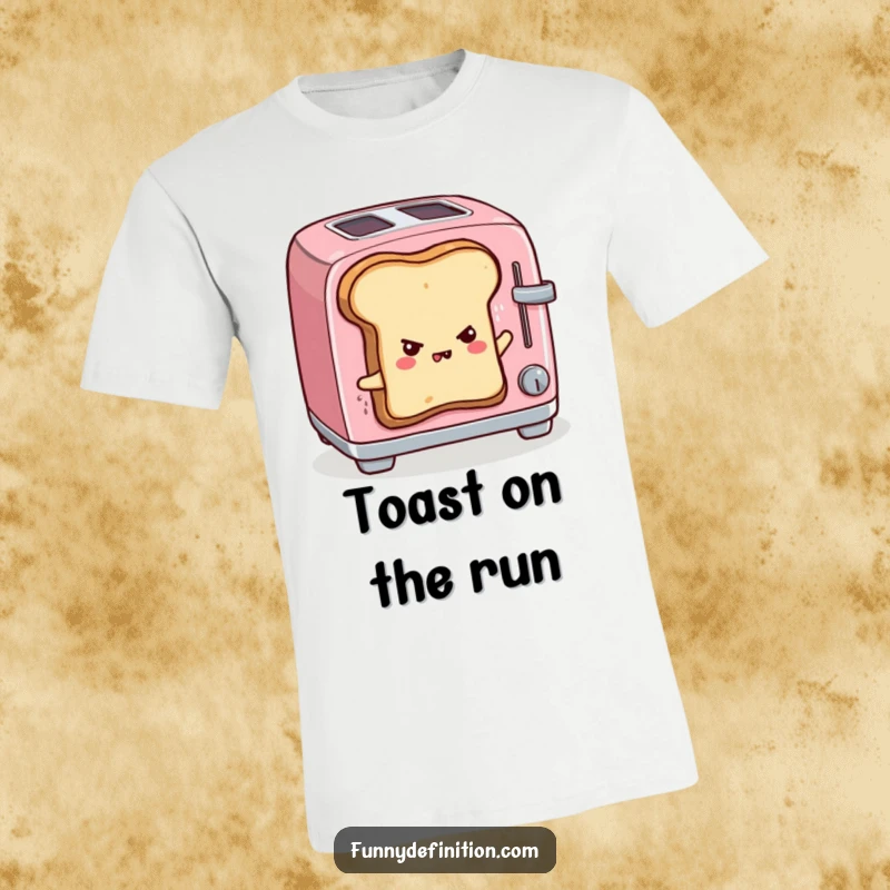 Funny t-shirt featuring sentient toast making a daring escape from a toaster, determined and heroic, breakfast-themed apparel.