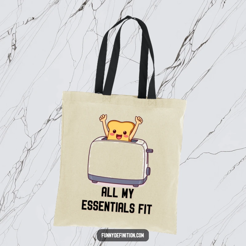 Funny cheerful toast emerging from a toaster with arms raised in triumph, featured on a sturdy tote bag.