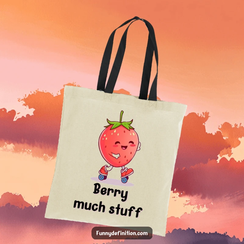 Funny smiling strawberry character attempting to roller skate on a reusable tote bag.