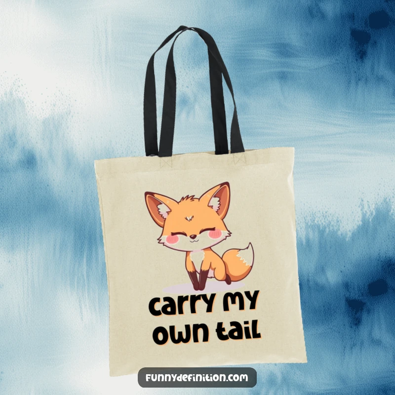 Funny tote bag with a silly fox tripping over its own tail, perfect for carrying items with a dose of humor.