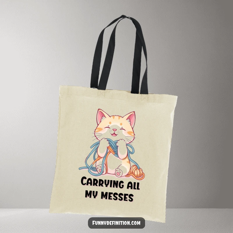 Funny tote bag showcasing a cat comically tangled in a ball of yarn, perfect for carrying everyday items.