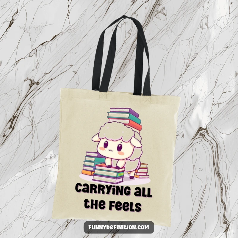 Funny sheep tote bag showing a startled sheep buried under a tumbling stack of books, a humorous accessory for carrying books.