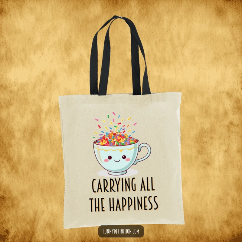 Funny teacup tote bag filled with vibrant, dancing sprinkles, a cheerful and practical accessory for carrying daily items.