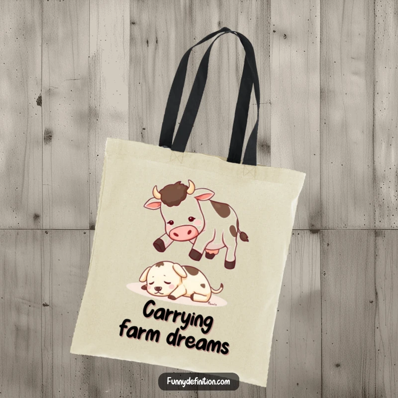 Funny tote bag depicting a cow attempting to jump over a small, sleeping dog, perfect for carrying humor and essentials.