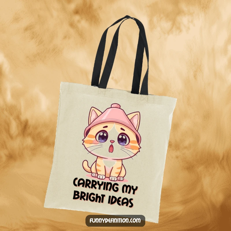 Funny surprised cat with a lampshade hat on a tote bag, eyes wide, perfect for carrying groceries humorously.
