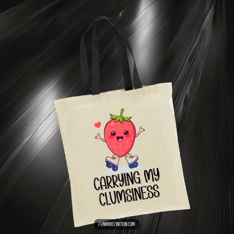 Funny tote bag featuring a plump strawberry on roller skates, comically falling, perfect for stylishly carrying essentials.