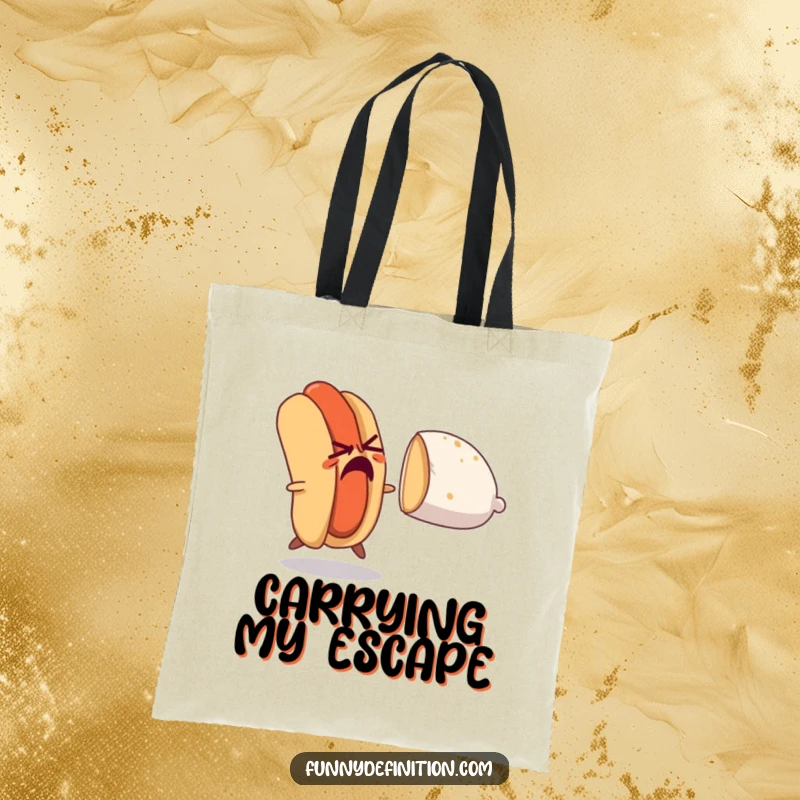 Funny tote bag showcasing a nervous hot dog running from a chasing bun, a humorous and practical accessory for food enthusiasts.