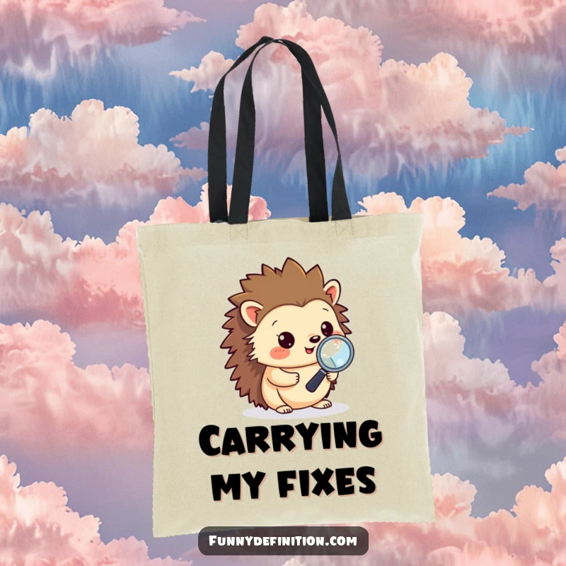 Funny tote bag showing a happy hedgehog inspecting code with a magnifying glass, a whimsical and practical accessory for programmers.