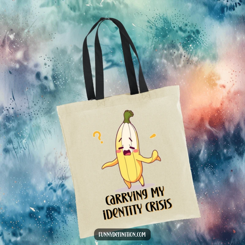 Funny tote bag featuring a bewildered banana in the process of peeling itself, conveying humorous bewilderment.