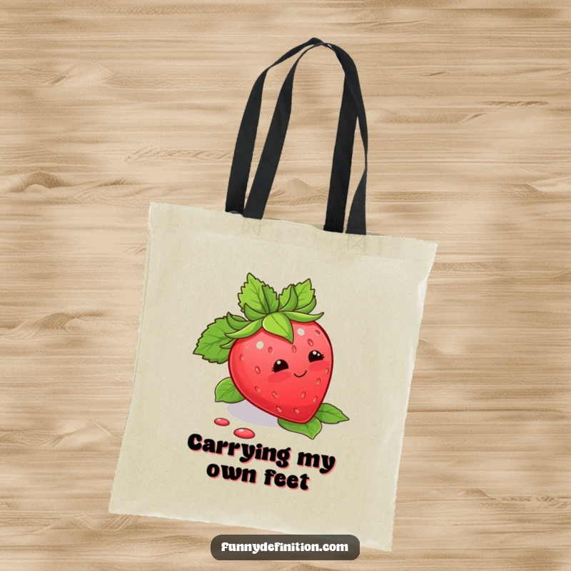 Funny Tote Bag showing a blushing strawberry tripping over its leaves, perfect for stylish and humorous carrying.