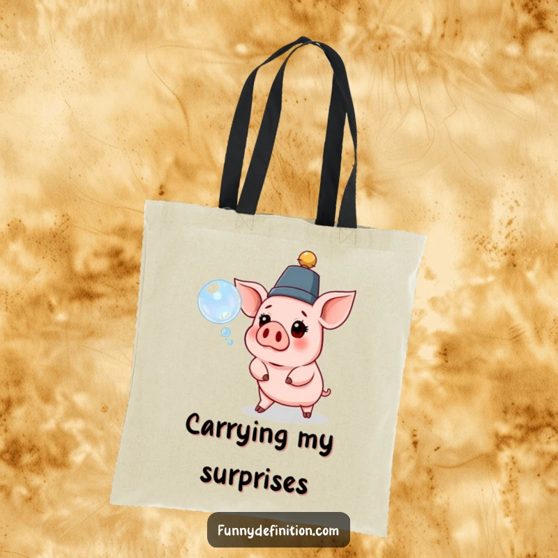 Funny pig tote bag showing a pig in a ridiculous hat, looking surprised by a floating bubble, perfect for everyday use.