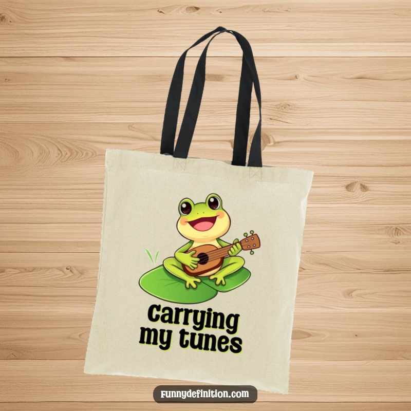 Funny cheerful frog playing a tiny ukulele on a lily pad, captured on a tote bag for musical errands.