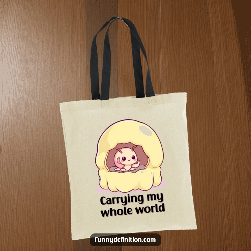 Funny snail shyly peering from a giant, unstable jelly mold on a durable, graphic tote bag.