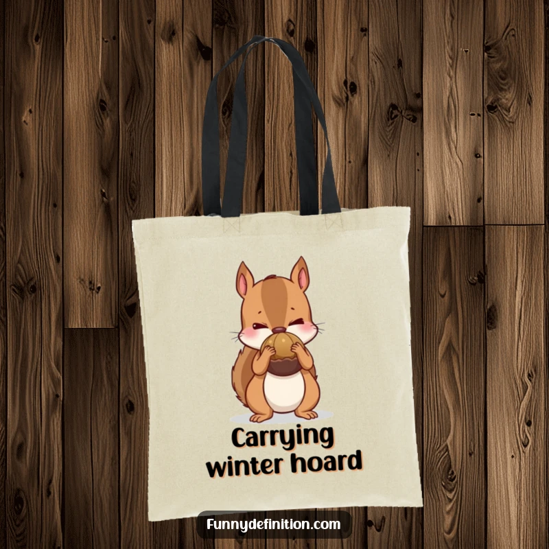 Funny tote bag depicting a nervous squirrel attempting to hide a giant nut behind its back, perfect for carrying humor and secrets.