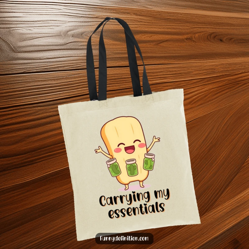 Funny tote bag art of a happy baguette character skillfully juggling three small pickle jars, showcasing playful culinary comedy.