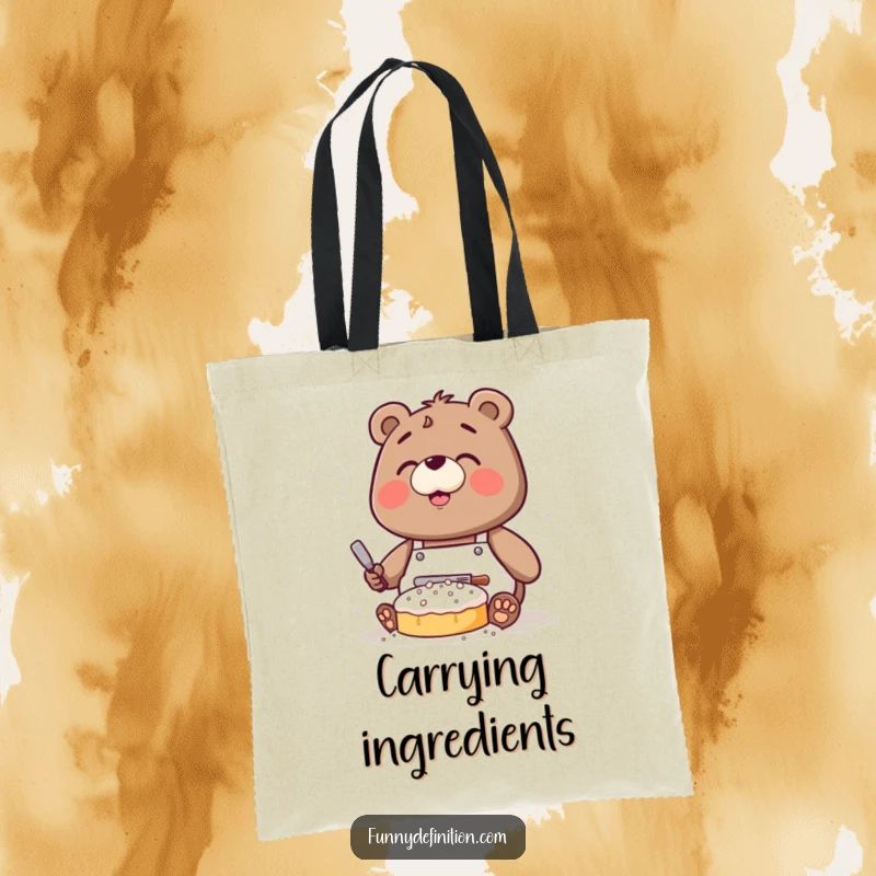 Funny tote bag illustrating a clumsy bear wearing an apron, covered in flour while baking a cake.