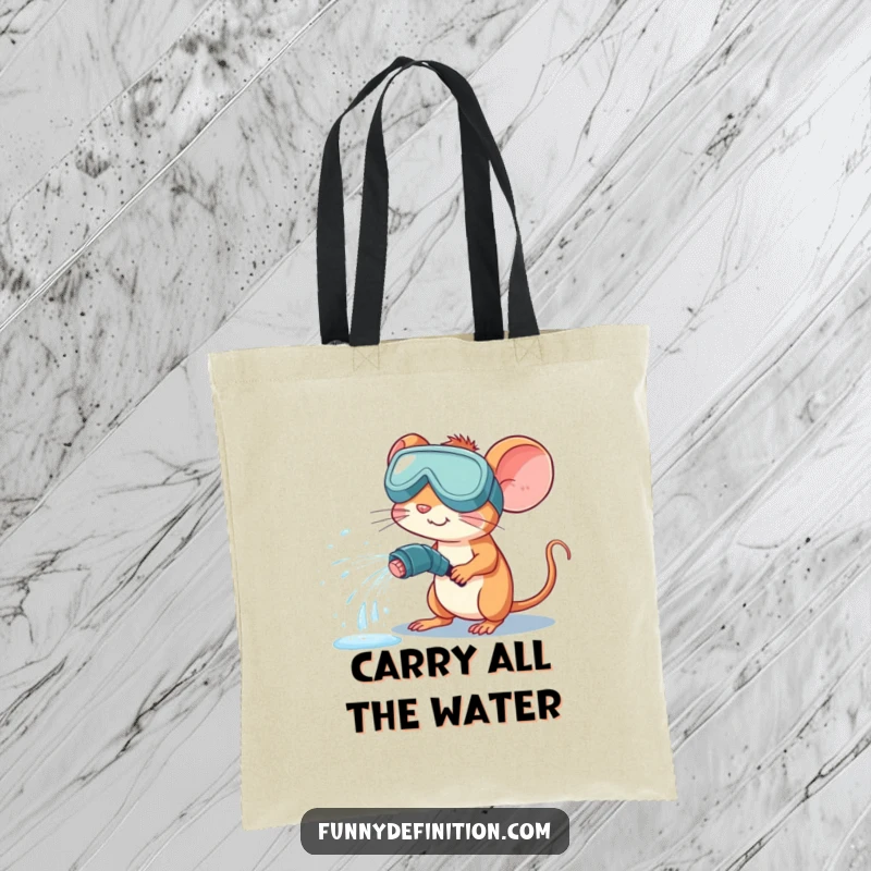 Funny tote bag showing a mouse in goggles accidentally spraying water everywhere with a hose, a comical scene for carrying essentials.