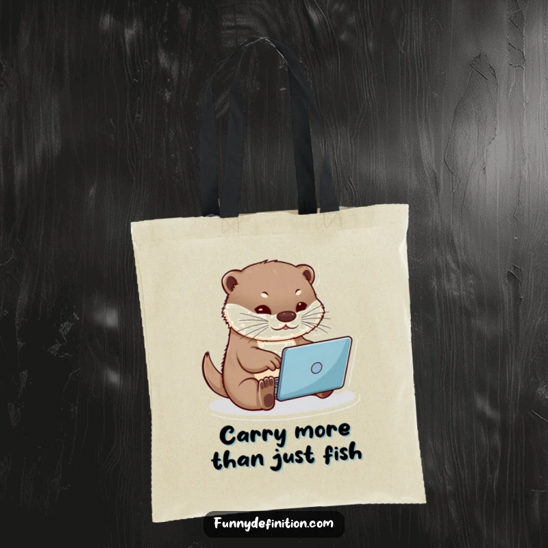 Funny otter with a miniature laptop and flying fingers, a charming tote bag design for shoppers and animal lovers, funny gift tote.