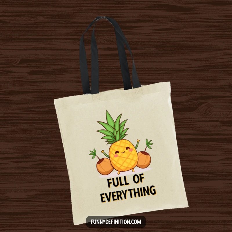 Funny tote bag with a cheerful pineapple juggling coconuts, perfect for carrying essentials with a tropical flair.