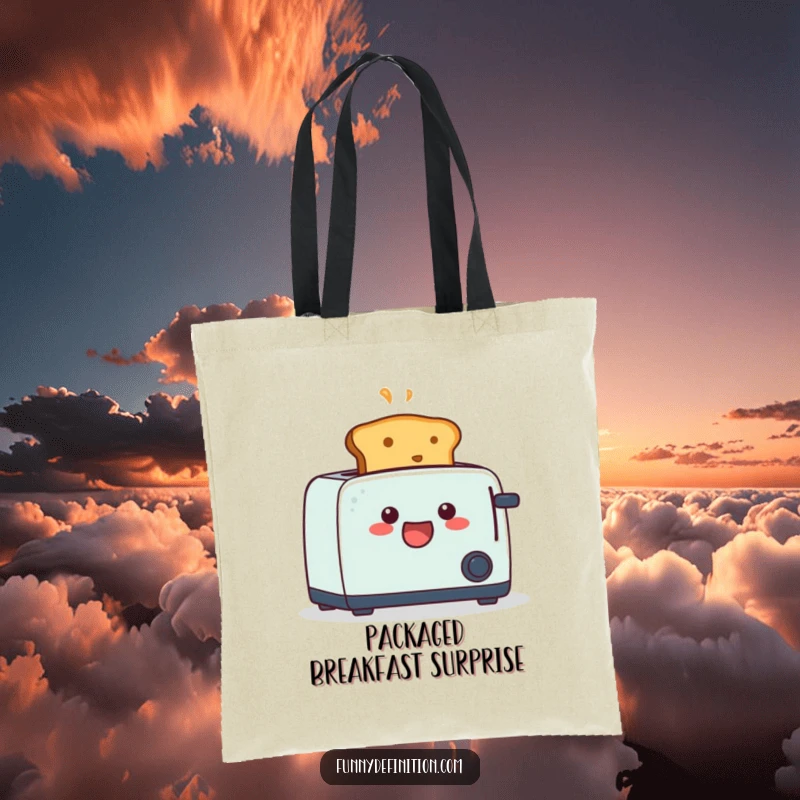 Funny tote bag depicting a piece of toast popping out of a toaster with a wide-eyed, shocked expression, ideal for carrying humor.