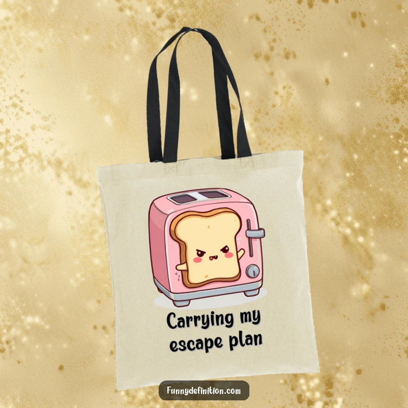 Funny tote bag with sentient toast escaping a toaster, determined expression, practical and humorous design for daily use.