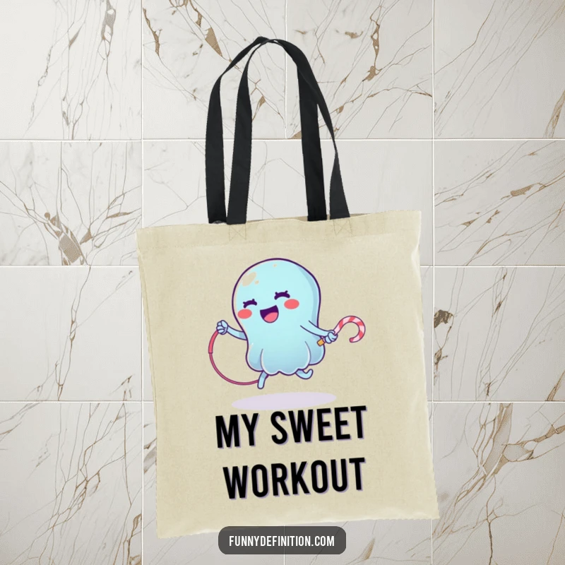 Funny tote bag with a wobbly jelly character jump roping using a licorice whip, cheerful and humorous design.